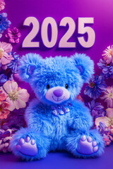 Fototapeta premium New Year Cards: 2025-themed Cute Neon Background Baby Bear&nbsp;Illustrations