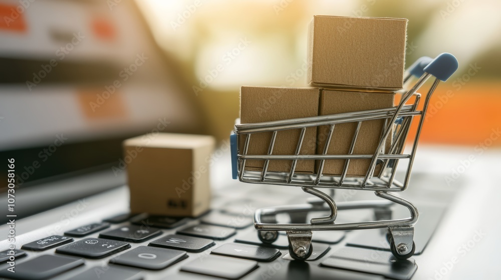 Poster miniature shopping cart full of cardboard boxes standing on laptop keyboard is representing online s