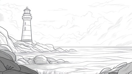 A hand-drawn illustration of a lighthouse on a rocky shore with a cloudy sky and calm ocean.