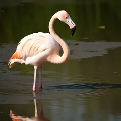 Fototapeta premium The American flamingo. Flamingo bird isolated White Pink Flamingo curled heart shaped neck and standing posture, legs close, raise one leg, Isolated on white background. This has clipping path.