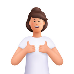 Young smiling woman giving double thumb up. Positive feedback, like, approval gesture. 3d vector people character. Cartoon minimal style.