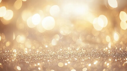 Fototapeta premium Soft-focus glitter bokeh background with warm golden sparkles, creating a magical and festive atmosphere under gentle lighting.