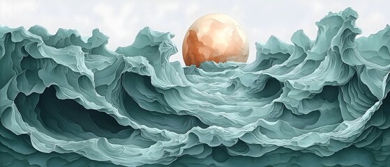 Obraz premium An abstract depiction of ocean waves in turquoise hues crashing beneath a warm, golden sun. The fluid shapes create a dynamic and serene atmosphere.