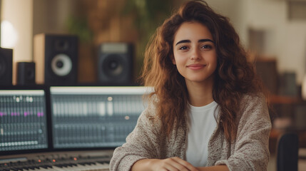 young woman with curly hair smiles confidently in music studio, surrounded by audio equipment and digital audio workstation. warm atmosphere reflects her passion for music.