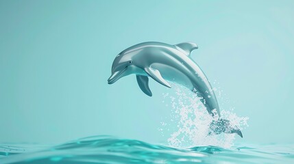 Obraz premium A 3D rendered dolphin leaping out of the water on a teal background.