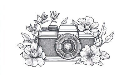 A hand-drawn illustration of a vintage camera surrounded by delicate flowers.
