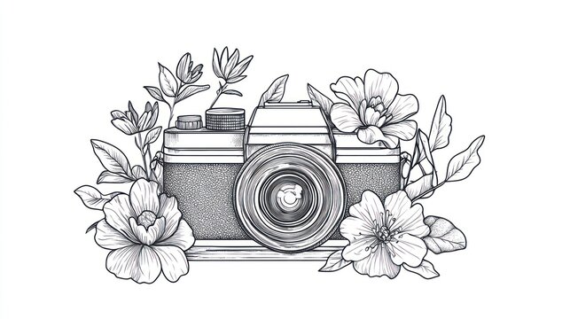 A hand-drawn illustration of a vintage camera surrounded by delicate flowers.