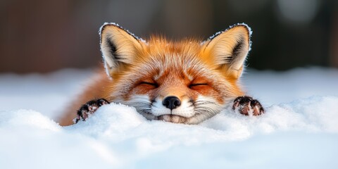 Fototapeta premium A sleeping fox peacefully rests in freshly fallen snow during a serene winter landscape.