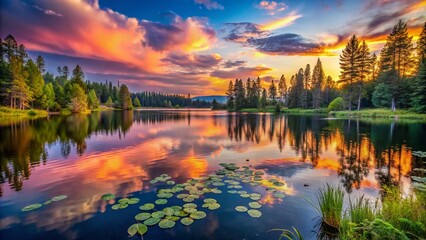 Fototapeta premium Tranquil Reflections of Lily Lake at Sunset: A Low Light Photography Experience Capturing the Soft Glow Over Water and Surrounding Nature's Beauty