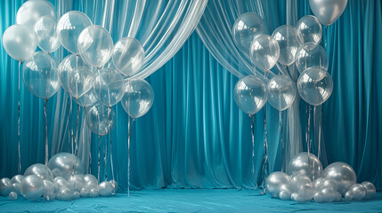 white balloons and many in a white room in contemporary style , white bright color balloons on a blue stage curtain background , beautiful stage decoration with balloon 
