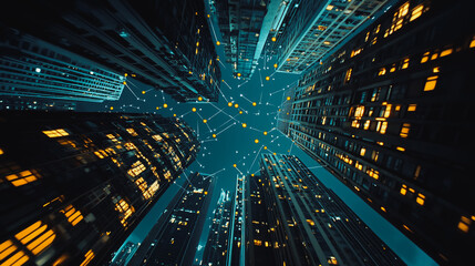 Smart digital Innovation city Business skyscrapers in the Financial District with connection network reciprocity over the cityscape. of future smart wireless digital city and social media networking