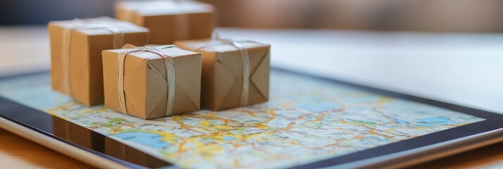 Small cardboard boxes are sitting on a digital tablet displaying a gps map, representing online shopping, e commerce, and delivery tracking