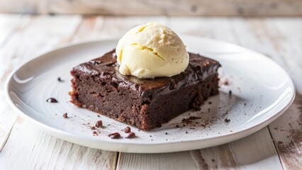 A decadent chocolate brownie topped with a generous scoop of vanilla ice cream, creating a delightful dessert experience.