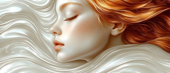 A serene young Caucasian woman with flowing red hair appears to be peacefully submerged in creamy waves, creating a tranquil and dreamlike atmosphere.