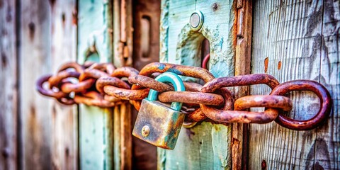 Documentary Photography of a Rusty Chain Door Lock Highlighting Security and Vulnerability in Urban Environments with a Focus on Texture and Detail in the Composition
