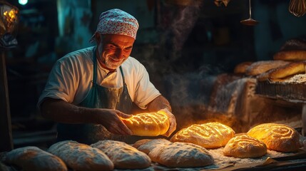 A baker skillfully preparing fresh bread in a warm, inviting bakery atmosphere.