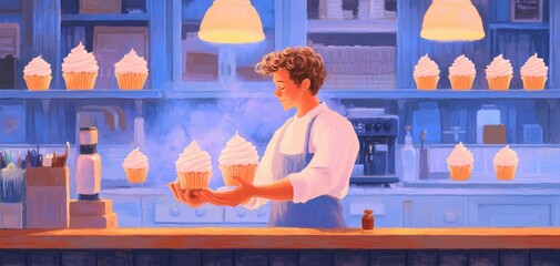 A baker preparing delicious cupcakes in a colorful pastry shop.