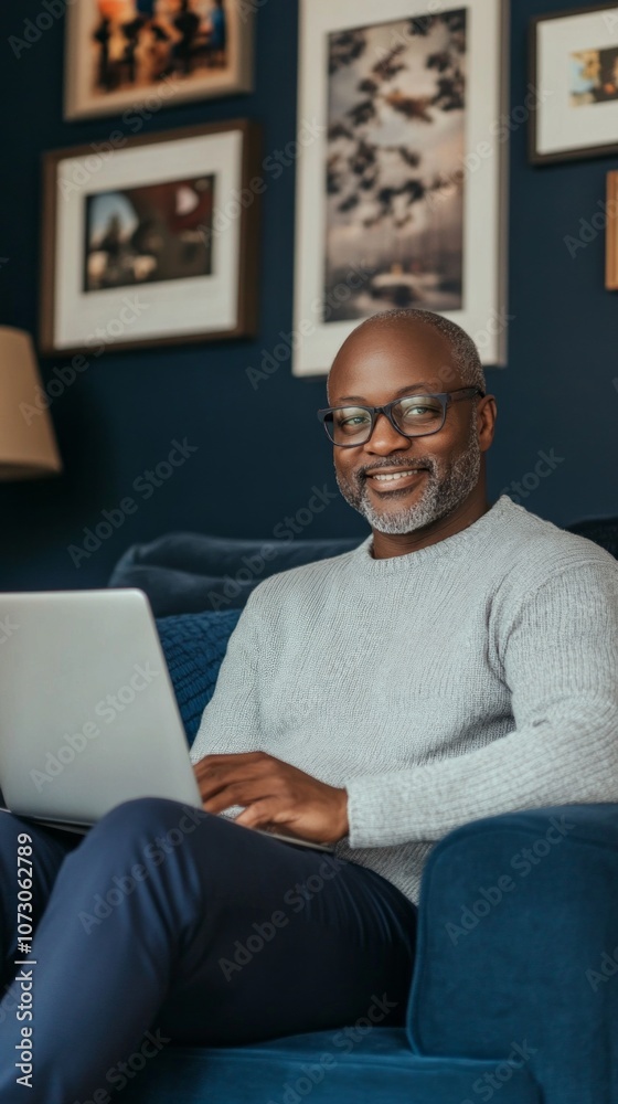 Poster a man is sitting on a couch with a laptop in front of him