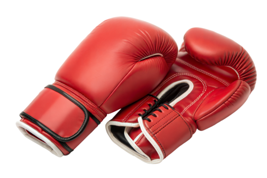 Red boxing gloves on a transparent or white isolated background.