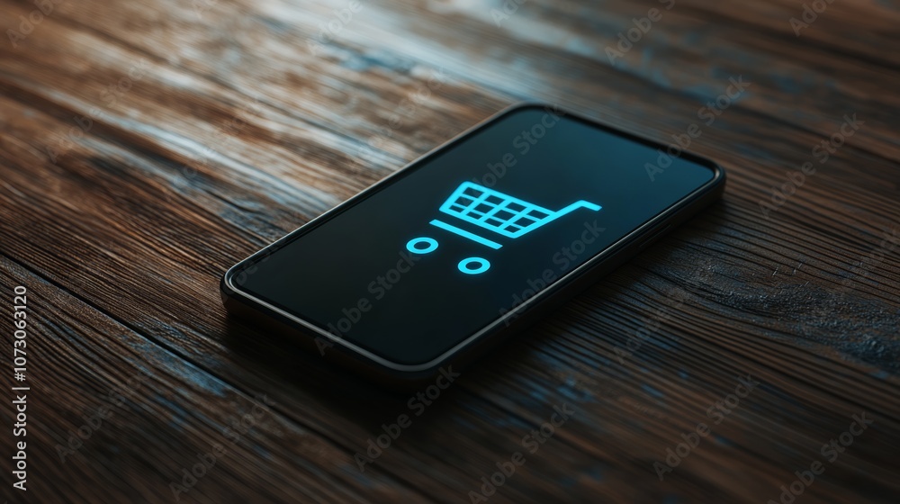 Poster modern smartphone displaying glowing shopping cart icon placed on rustic wooden table represents onl