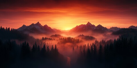 Breathtaking sunrise over misty mountains, surrounded by lush forests, creating a serene and tranquil natural scene.