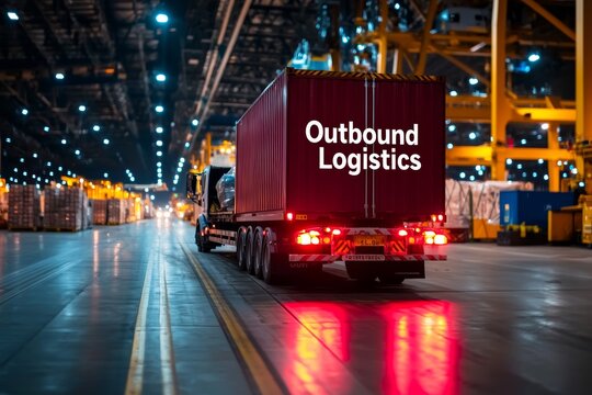A vibrant scene of outbound logistics in a bustling warehouse, showcasing modern transportation and efficiency in cargo handling.