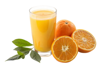 Fresh orange juice with whole oranges and green leaves, transparent or white isolated background.