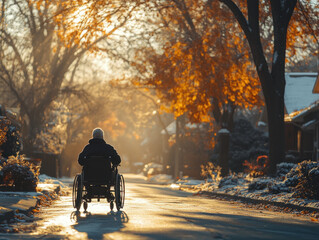 Naklejka premium A serene autumn scene showing a person in a wheelchair, illuminated by sunlight filtering through trees along a quiet street.