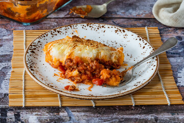 Traditional English shepherd's pie topped with baked mashed potato