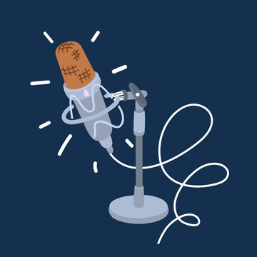 Cartoon vector illustration of a microphone for podcasting or vlogging setup, symbolizing creativity, content creation, and digital communication over dark background