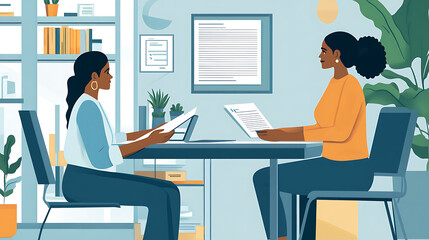 Female supervisor at her desk, holding a document and speaking to a junior employee 