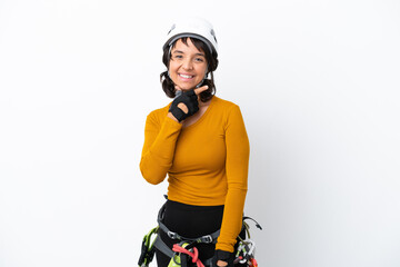 Young woman rock-climber woman isolated on white background smiling