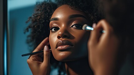 Woman looking into a mirror, delicately blending eyeshadow with a brush, focusing on perfecting her look.