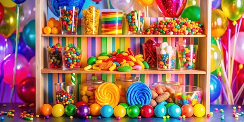 Naklejka premium A Colorful Display of Assorted Candies and Treats on a Shelf Surrounded by Bright Balloons