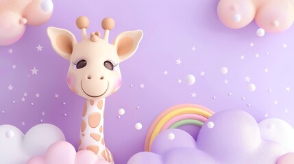 Naklejka premium A cartoon giraffe on a purple background with a rainbow and clouds.