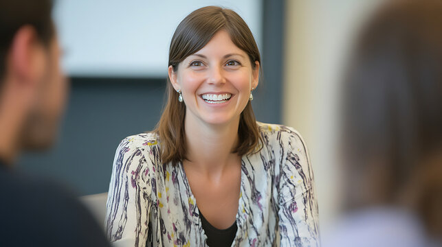 Female supervisor smiling while discussing performance metrics with her team in an informal setting 