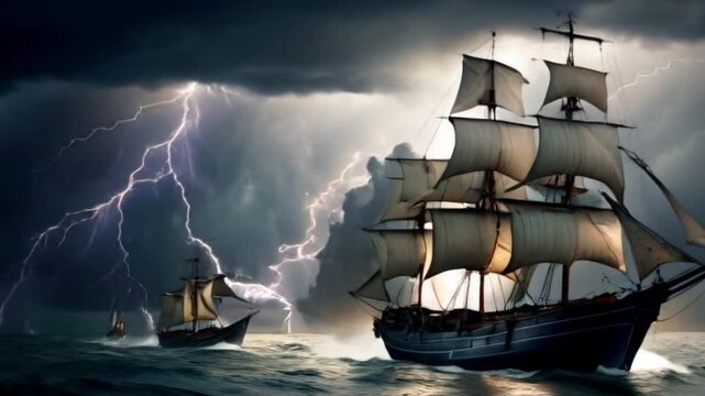 ship in the sea straggle in front of storm.
