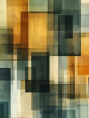 An abstract composition featuring layered rectangles in earthy tones of orange, green, and beige, creating a harmonious blend of transparency and depth.