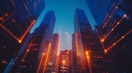 Obraz premium Smart digital Innovation city Business skyscrapers in the Financial District with connection network reciprocity over the cityscape. of future smart wireless digital city and social media networking