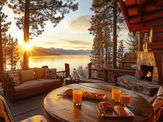 Fototapeta premium Charming log cabin at lake tahoe serene sunrise breakfast with cozy outdoor seating and views