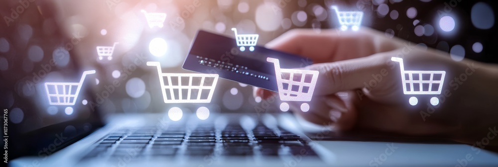 Aufkleber customer is paying with credit card on laptop for online shopping with many shopping cart icons and 
