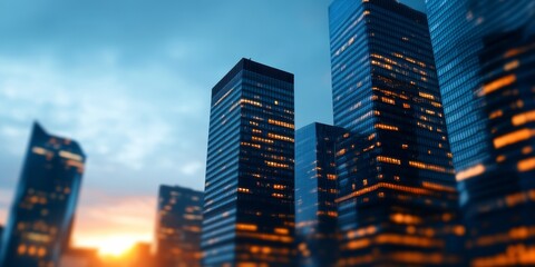 Obraz premium Stunning skyline view of modern skyscrapers under a colorful sunset. The glass facades reflect vibrant hues of orange and blue.