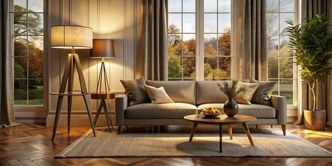 Fototapeta premium Elegant Floor Lamp in Cozy Living Room: Inspiring Interior Design Ideas for Modern Home Decor Featuring Natural Light and Stylish Furnishings