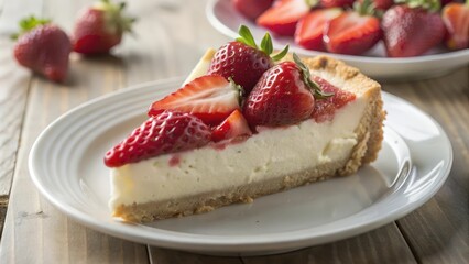 A slice of creamy cheesecake topped with fresh strawberries and a hint of strawberry sauce, perfectly presented on a white plate, ready to be enjoyed