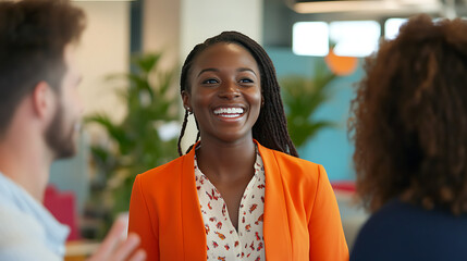 Smiling female supervisor discussing project ideas with diverse team members in an open office 