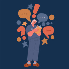 Cartoon vector illustration of a female nurse conducting a patient consultation, using a tablet to record medical history and provide care over dark background