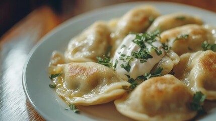Pierogi dumplings paired with sour cream and fresh herbs