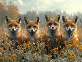 Group red foxes exploring snow field golden grass,curious pack behavior beautifully detailed nature scene wildlife environmental,back,fisheye,orange,fruit,walk,camera,selfie,wildfloer,wall,art,pet