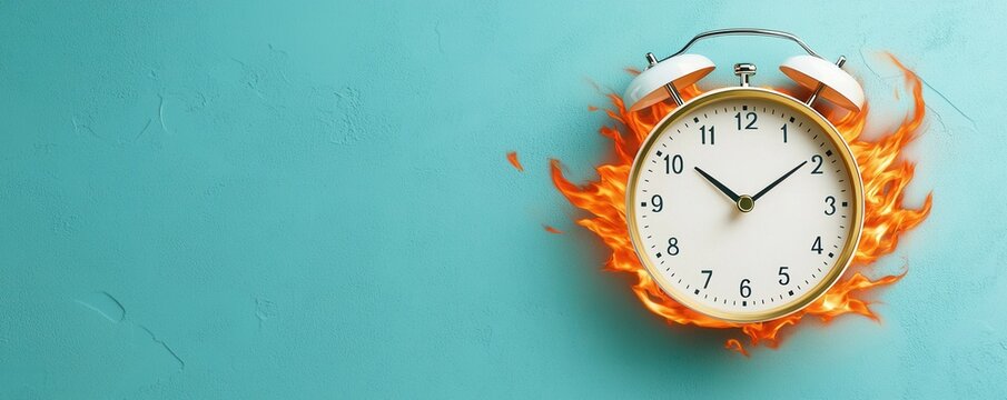 Concept of running out of time. A whimsical alarm clock with flames around it, symbolizing urgency or a race against time, against a turquoise wall background