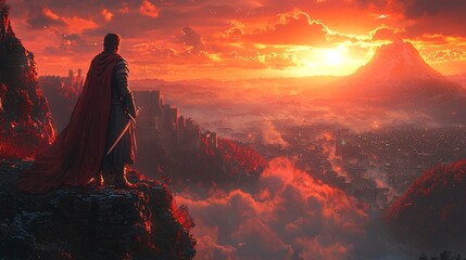 Regal Warrior on Cliff Edge Overlooking Kingdom at Sunset with Detailed Armor and Sword
